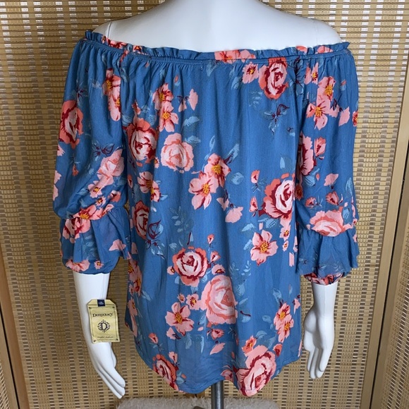 🔶Democracy 3/4 Pick-Up Sleeve Floral Blue Off The Shoulder Mesh Stretch Top NWT - Picture 4 of 5